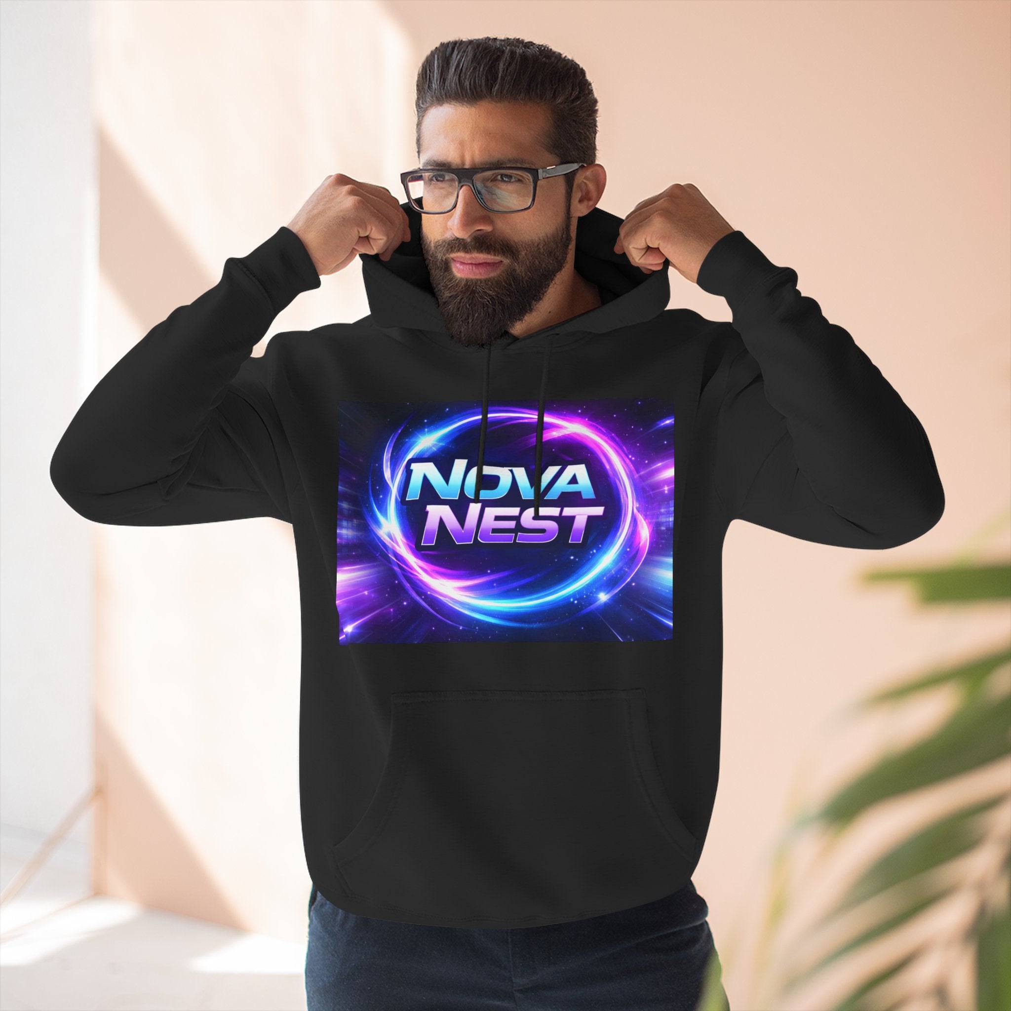 Nova Nest Hoodie — Retro Neon Space Graphic Fleece Hoodie