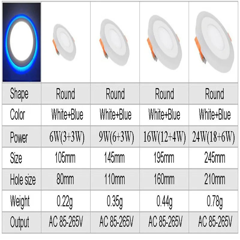 6W 9W 16W 24W led Ceiling Recessed panel Light Painel lamp home decoration round square Led Panel Downlight Blue+White
