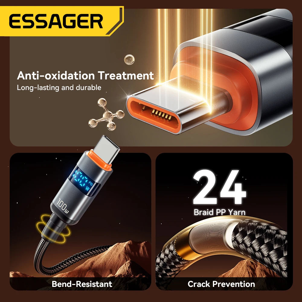 Essager Digital Dispaly USB Type C To USB C Cable For Huawei mate60 100W Fast Charging Charger Wire Cord For Macbook pro Xiaomi