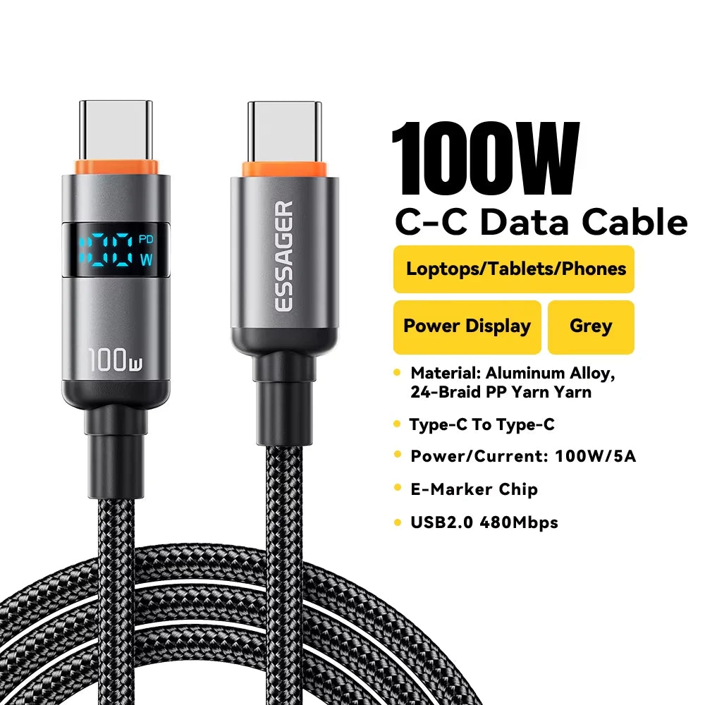 Essager Digital Dispaly USB Type C To USB C Cable For Huawei mate60 100W Fast Charging Charger Wire Cord For Macbook pro Xiaomi