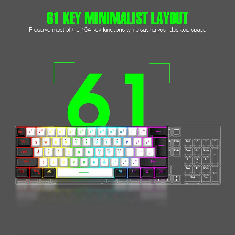 60% compact wired keyboard with 61 key membrane layout, RGB backlighting, ergonomic design, small and portable office computer